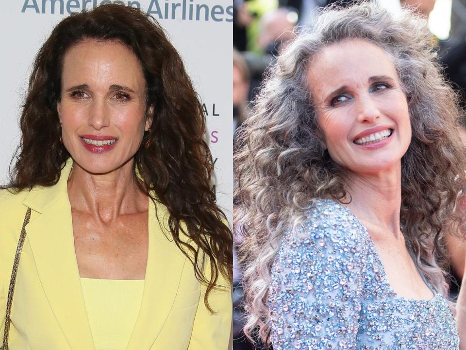 (left) andie macdowell on red carpet with brown hair (right) andie macdowell on red carpet with gray hair