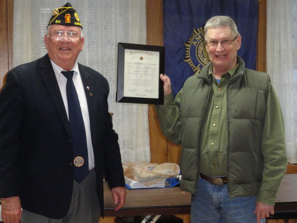 American Legion WIlson-Kelch Post 311, Hawley, on April 11, acknowledged two in their ranks who have been members of Post 311 for 50 years. They are Donald C. Kimble, shown at right receiving a plaque from Post Commander Joseph Majeski; and George Hibbs, who was not present for the ceremony. Kimble and Hibbs both served in the Vietnam War, Kimble, an Army veteran, and Hibbs, who served in the Marines. Kimbles, 77, of Whitney Lake, said the 50 years went like "a blink of an eye." He was a sergeant, serving in the 9th Infantry Division in 1968-1969. He was stationed at the Mekong Delta.