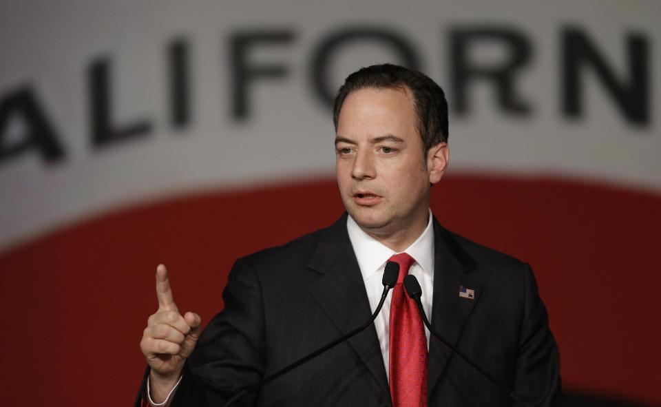 Republican National Committee chairman Reince Priebus gestures while speaking before the California Republican Party 2014 Spring Convention Friday, March 14, 2014, in Burlingame, Calif. (AP Photo/Ben Margot)