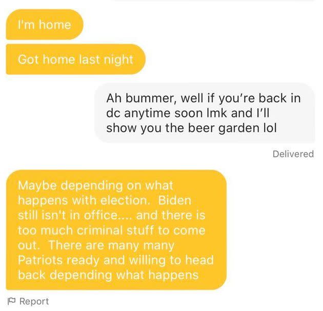 Andrew Taake suggested on Bumble that he might be back for Biden's inauguration. (Photo: 
