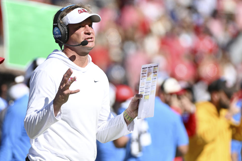 Mississippi head coach Lane Kiffin reacts during the first half of an NCAA college football game against Texas A&M in Oxford, Miss., Saturday, Nov. 4, 2023. (AP Photo/Thomas Graning)