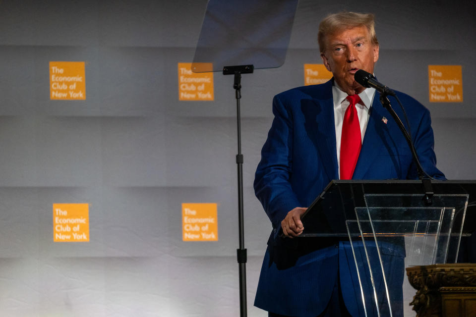 NEW YORK, NEW YORK—SEPTEMBER 05: Republican presidential nominee, former U.S. President Donald Trump addresses the Economic Club of New York on September 5, 2024, in New York City. Vice President Kamala Harris and Trump are set to debate each other next week for the first time after their campaigns. (Photo by Spencer Platt/Getty Images)