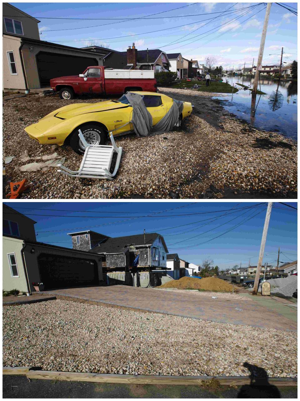 A combination photo shows a Corvette and truck flooded by the storm surge of Superstorm Sandy standing in a driveway and the same driveway in Lindenhurst New York in 2013