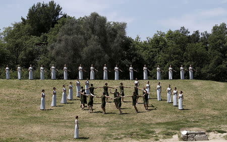 The dress rehearsal for the Olympic flame lighting ceremony for the Rio 2016 Olympic Games takes place at the site of ancient Olympia in Greece. REUTERS/Alkis Konstantinidis