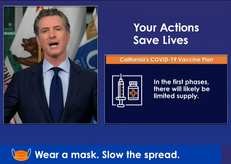 In this image taken from a live-streamed video from the California Governor's Office, California Gov. Gavin Newsom talks during a news conference on Monday, Oct. 19, 2020, in Sacramento, Calif. Newsom said California won't allow any distribution of new coronavirus vaccines in the nation's most populous state until it is reviewed by the state's own panel of experts. (California Governor's Office via AP)