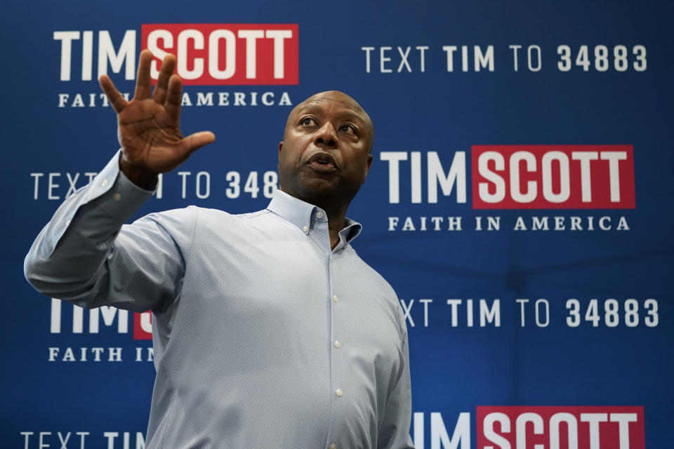 Republican presidential candidate Sen. Tim Scott, R-S.C., speaks during a meet and greet, Monday, Sept. 18, 2023, in Fort Dodge, Iowa. (Charlie Neibergall/AP)