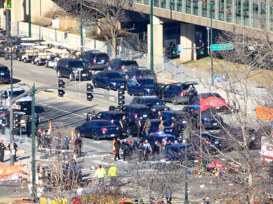 The scene in Kansas City after the shooting at the end of the Chiefs victory parade and rally. (KSN News/Kevin Rider photo)