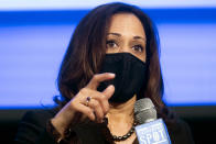 Democratic vice presidential candidate Sen. Kamala Harris, D-Calif., speaks during a campaign event, Friday, Oct. 23, 2020, in Atlanta. (AP Photo/John Amis)