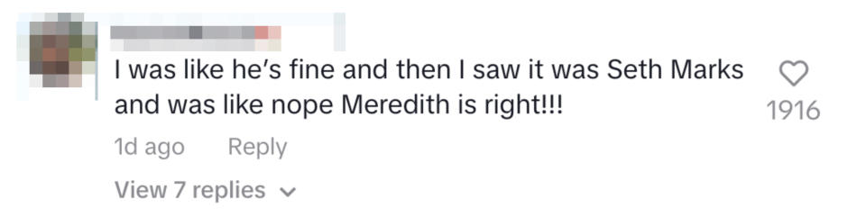 Comment Reads: "I was like he's fine and then I saw it was Seth Marks and was like nope Meredith is right!!!"