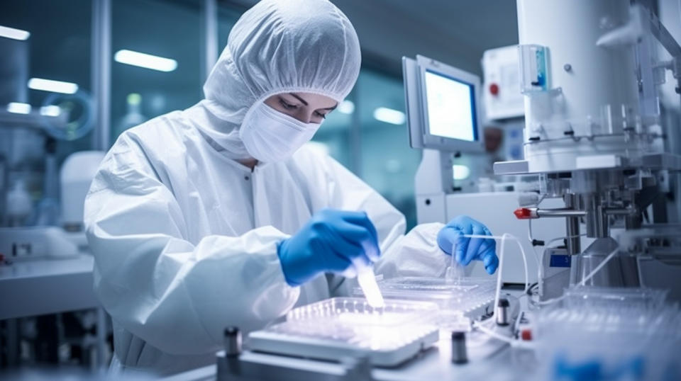 A worker at a biopharmaceutical facility packaging an active pharmaceutical ingredient.