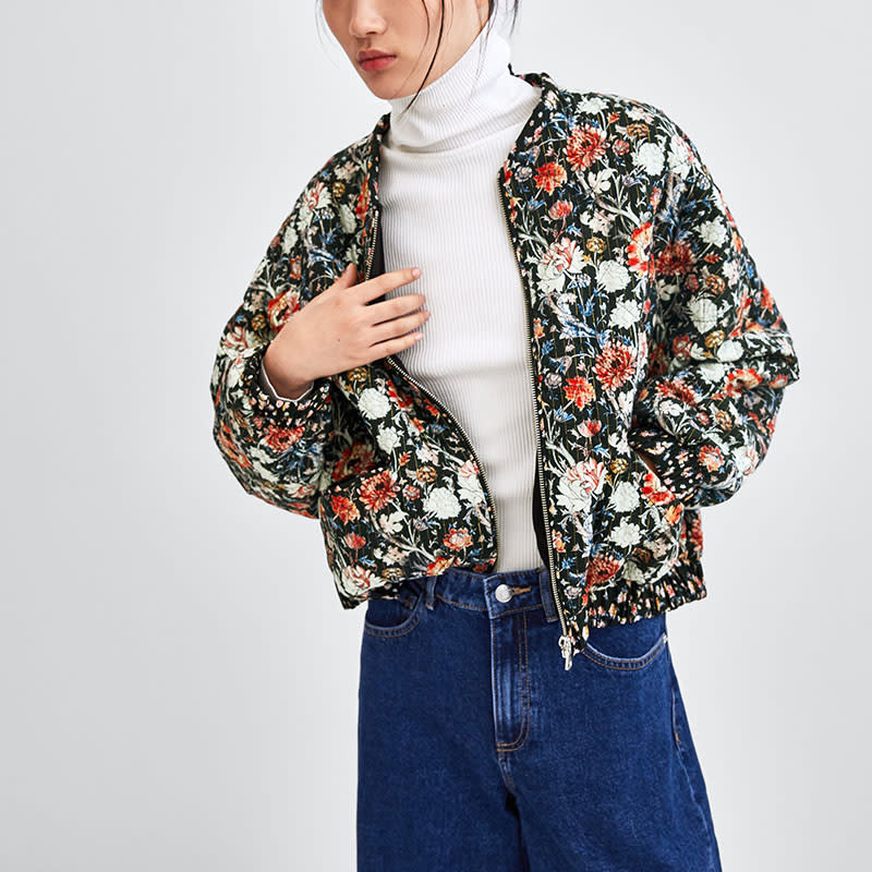 <a rel="nofollow noopener" href="https://www.zara.com/us/en/printed-quilted-bomber-jacket-p07789403.html?v1=6835600&v2=1074507" target="_blank" data-ylk="slk:Printed Quilted Bomber Jacket, Zara, $70;elm:context_link;itc:0;sec:content-canvas" class="link ">Printed Quilted Bomber Jacket, Zara, $70</a>