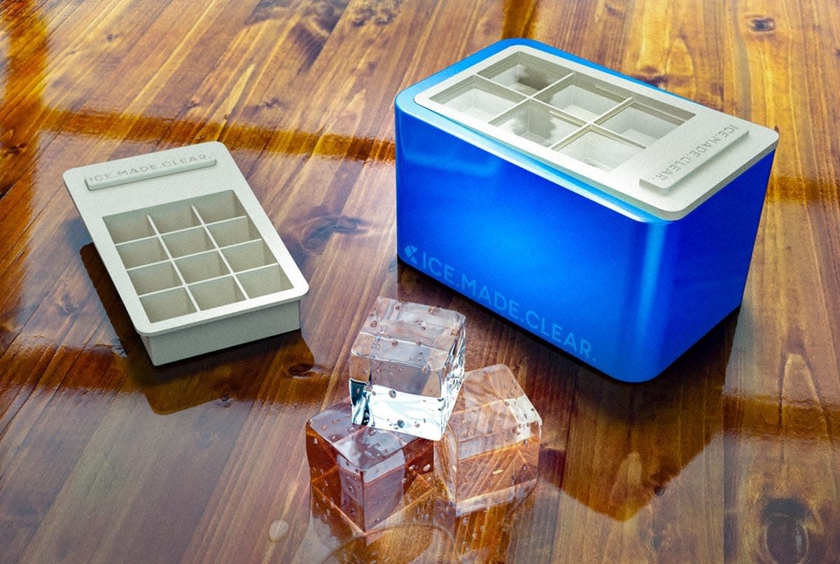 Ice. Made. Clear. includes two ice trays for making 2-inch and 1.25-inch cubes. The setup is about the size of a half-gallon carton of ice cream and allows a home freezer to produce crystal-clear cubes of ice.