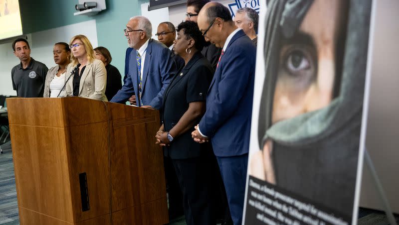 Salt Lake County District Attorney Sim Gill announces the Prosecutors for Prosecutors Campaign at the District Attorney’s Office in Salt Lake City on Thursday, July 27, 2023. The campaign aims to save the lives of prosecutors and their families being hunted by the Taliban in Afghanistan.