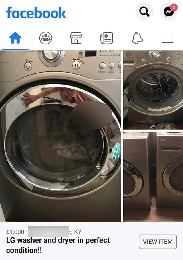 Advertisement Facebook marketplace for washer dryer, naked woman reflected in first photo in X-rated fail