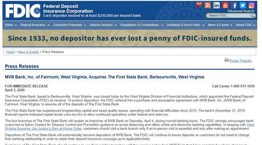 美國聯邦存款保險公司（FDIC）公布訊息。（圖／翻攝自FDIC官方網站）