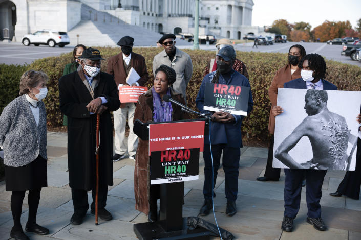 Rep. Sheila Jackson Lee, D-Texas, speaks at a press conference  on Capitol Hill about reparations legislation.