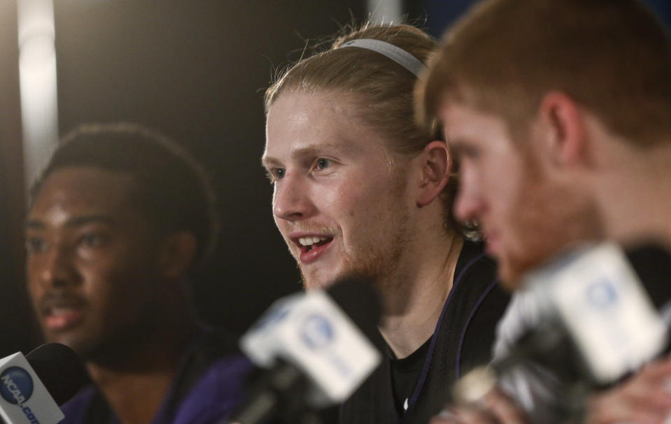 Stephen F. Austin forward Jacob Parker talks about his team's third-round game Sunday against UCLA in the NCAA college basketball tournament, at a news conference Saturday, March 22, 2014, in San Diego. (AP Photo/Lenny Ignelzi)