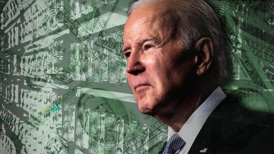 The Biden administration is pushing for a tax on crypto mining. (Photo illustration: Kelli R. Grant/Yahoo News; photos: Leah Millis/Reuters, Elijah Nouvelage/Bloomberg via Getty Images, Getty Images)