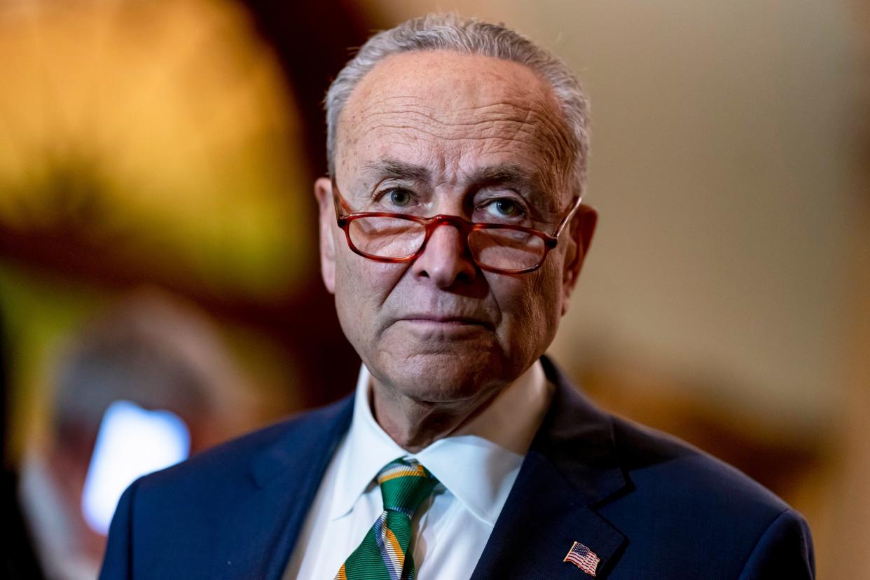 Senate Majority Leader Chuck Schumer, D-N.Y., meets with reporters following a Democratic Caucus meeting, at the Capitol in Washington, Tuesday, April 5. 