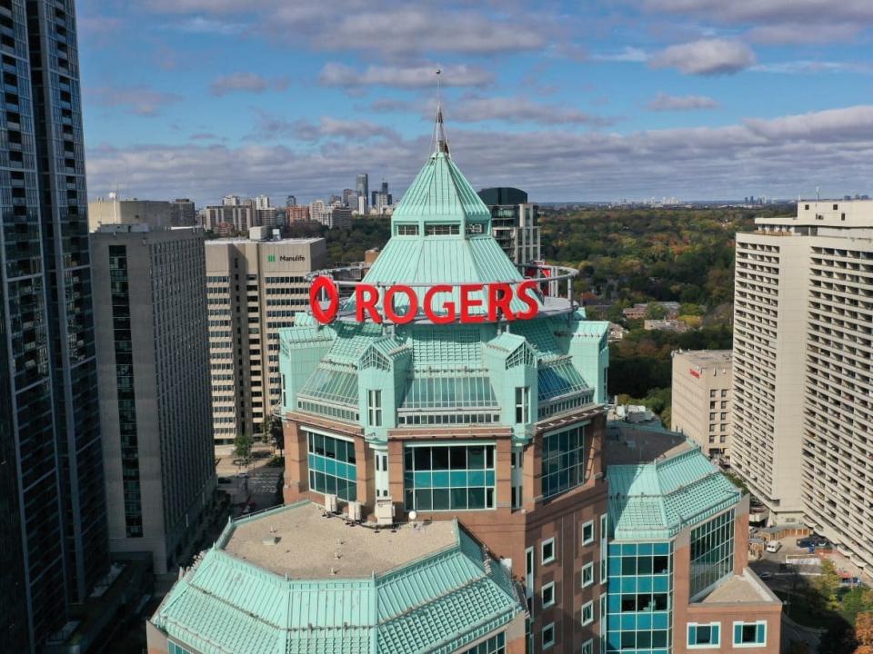 Drone shot of Rogers Communications headquarters at 1 Mt Pleasant Rd, Toronto on 22 Oct 2021. (Patrick Morrell/CBC - image credit)