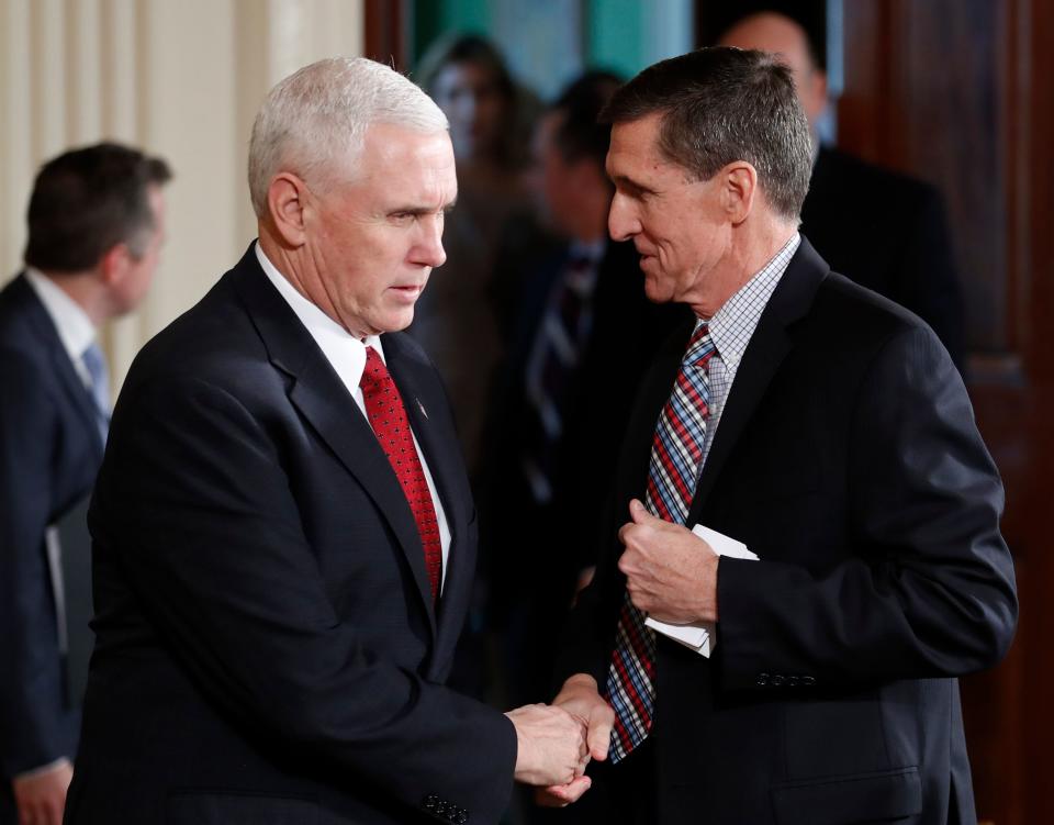 Vice President Mike Pence and former National Security Adviser Michael Flynn, at the White House on Feb. 10, 2017.