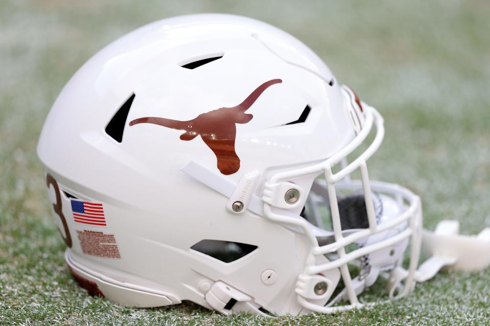 TUSCALOOSA, ALABAMA - SEPTEMBER 09: A close-up of a helmet of the Texas Longhorns on the field prior to a game against the Alabama Crimson Tide at Bryant-Denny Stadium on September 09, 2023 in Tuscaloosa, Alabama. (Photo by Kevin C. Cox/Getty Images)