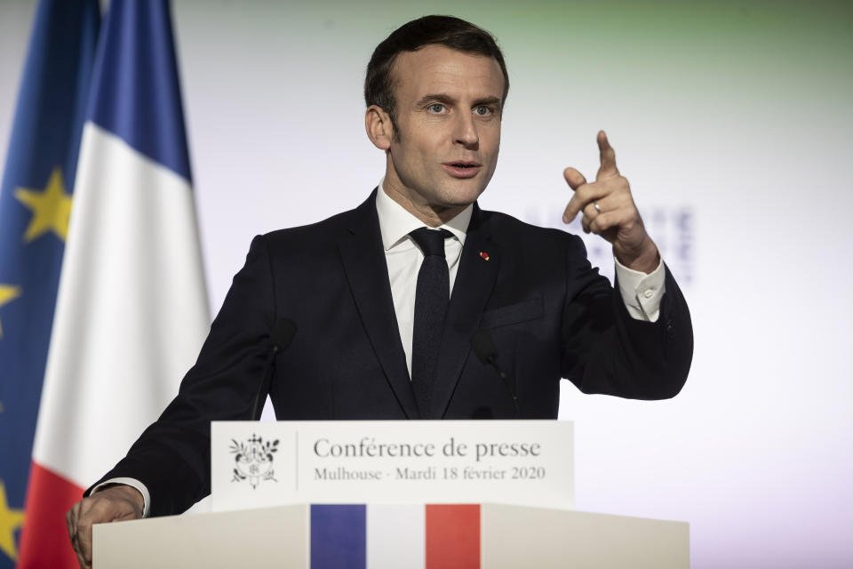 French President Emmanuel Macron, delivers a speech during a press conference a part of his visit in Mulhouse, eastern France, Tuesday, Feb. 18, 2020. Macron said Tuesday he was determined to fight against "Islamist separatism" but also "discrimination ». (AP Photo/Jean-Francois Badias, Pool)