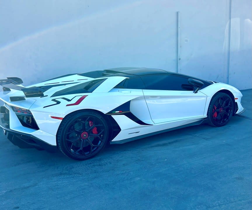 A Lamborghini Aventador recovered after two men were charged in a multi-million dollar car theft scheme in Riverside County. (Riverside County District Attorney's Office)