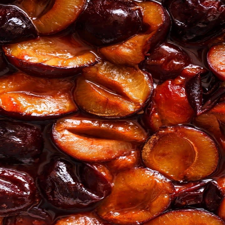 A close-up of plum compote.