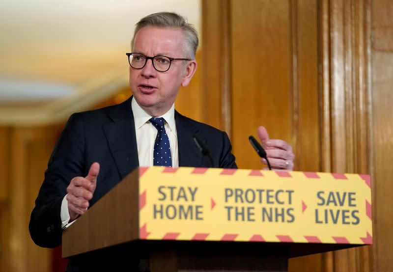 Britain's Chancellor of the Duchy of Lancaster Michael Gove speaks at a digital news conference on the coronavirus disease (COVID-19) outbreak, in 10 Downing Street in London