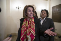 Speaker of the House Nancy Pelosi, D-Calif., responds to reporters after officially postponing President Donald Trump's State of the Union address until the government is fully reopened, at the Capitol in Washington, Wednesday, Jan. 23, 2019. The California Democrat told Trump in a letter Wednesday the Democratic-controlled House won't pass the required measure for him to give the nationally televised speech from the House floor. (AP Photo/J. Scott Applewhite)