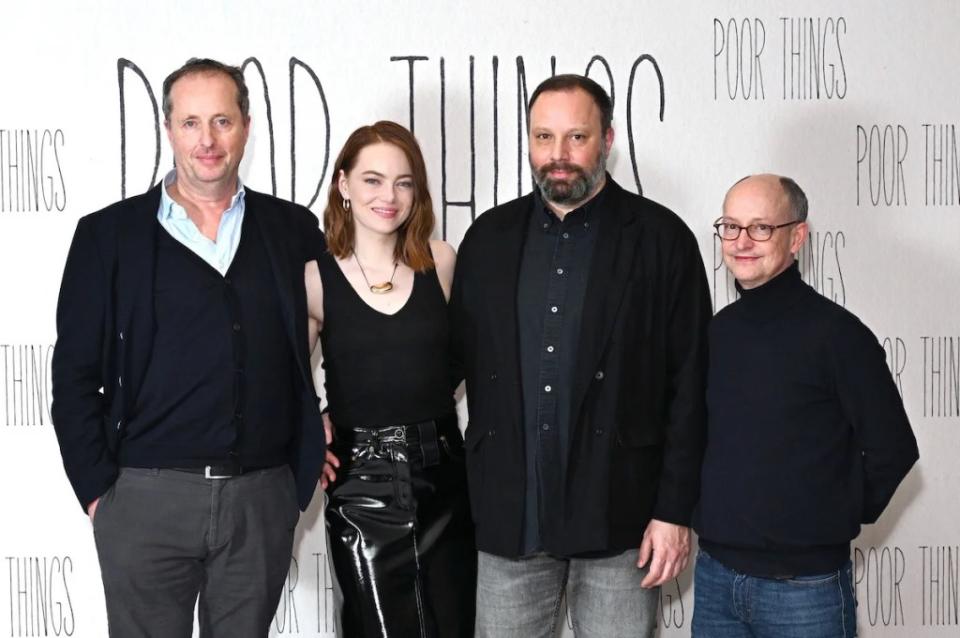 Andrew Lowe, Emma Stone, Yorgos Lanthimos and Ed Guiney at a London screening of "Poor Things"