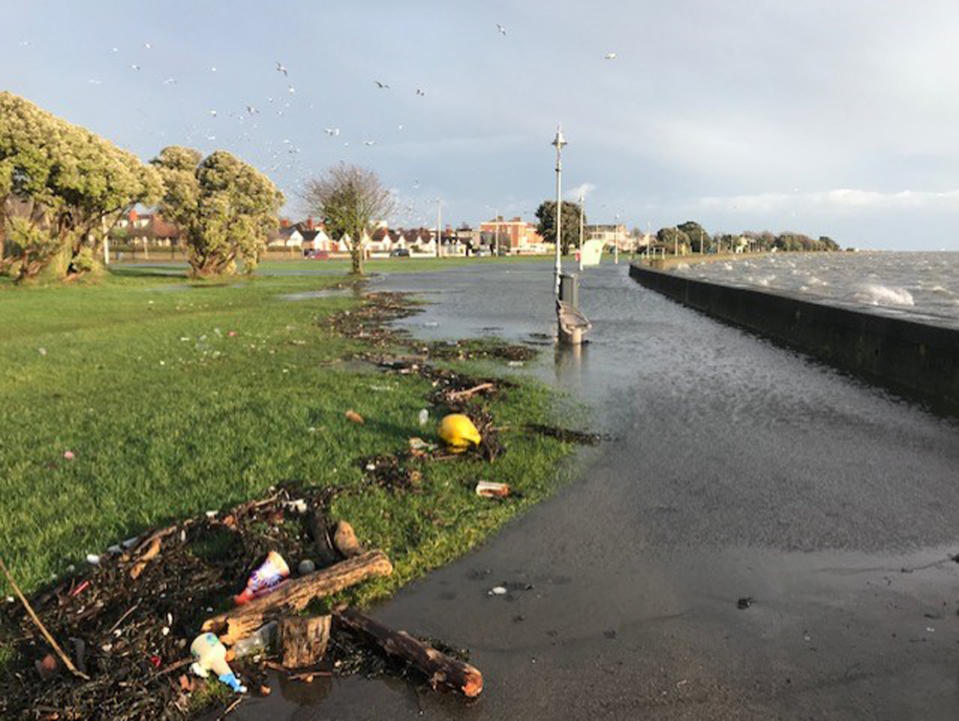 Flooding on promenade as the waves hit the sea wall in Clontarf, Co. Dublin as Storm Brendan has struck parts of the UK and the Republic of Ireland, with gusts of up to 80mph and heavy rainfall expected. (Photo by Aine McMahon/PA Images via Getty Images)