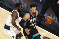 Memphis Grizzlies forward Dillon Brooks (24) drives against Dallas Mavericks forward Tim Hardaway Jr. (11) during the first half of an NBA basketball game Tuesday, May 11, 2021, in Memphis, Tenn. (AP Photo/Wade Payne)