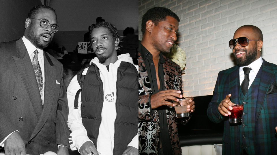 Left: Co-Founder LaFace Records Antonio “L.A.” Reid and Recording Artist/Producer Jermaine Dupri attend LaFace holiday party for families with kids in Atlanta, Georgia on December 18, 1992. Right: Babyface and Jermaine Dupri at Entertainment Weekly’s toast to Antonio “LA” Reid at STK-LA on February 10, 2008 in West Hollywood, California.