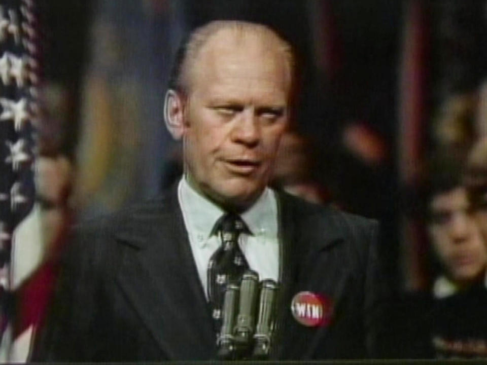 President Gerald Ford sports a WIN button, in a speech to the Future Farmers of America in Kansas City, October 15, 1974. / Credit: CBS News