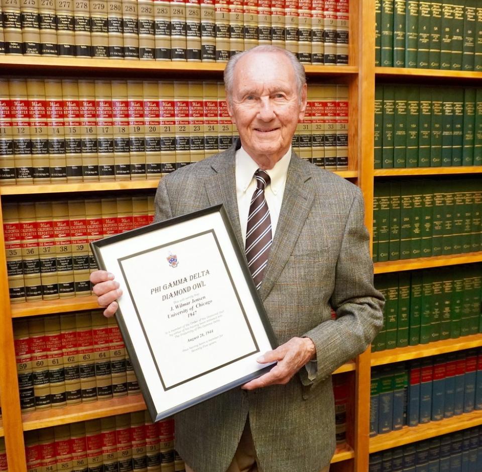 Wilmar Jensen, who is 95, receiving an award for being a member of his college fraternity for 75 years.<span class="copyright">Courtesy of Wilmar Jensen</span>