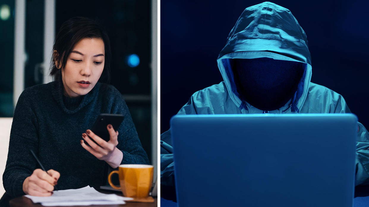 Woman looking at her phone, person in hoodie posing as scammer, face not revealed, looking at laptop