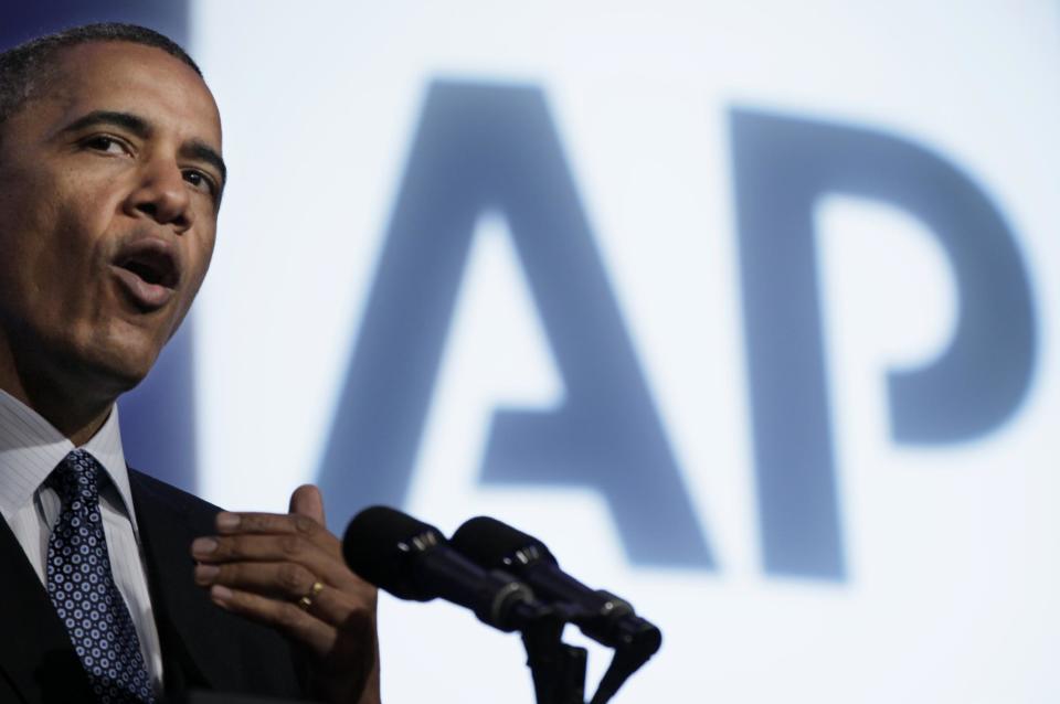 President Barack Obama speaks at The Associated Press luncheon during the ASNE Convention, Tuesday, April 3, 2012, in Washington. (AP Photo/Carolyn Kaster)