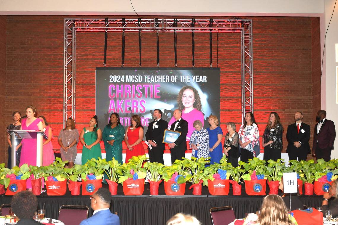 Muscogee County School District 2024 Teacher of the Year Christie Akers of Northside High School gives her acceptance speech during the Muscogee Educational Excellence Foundation’s MCSD Teacher of the Year gala May 9, 2024, in the Columbus Convention & Trade Center.