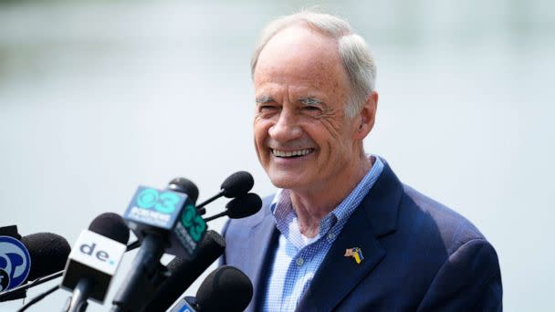 PHOTO: Sen. Tom Carper, D-Del., speaks during a news conference, May 22, 2023, in Wilmington, Del. (Matt Rourke/AP)