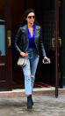 <p>Nina Dobrev spotted out and about in New York City sporting a leather moto jacket, distressed denim, and Gucci bag on May 16, 2018. (Photo: Raymond Hall/GC Images) </p>