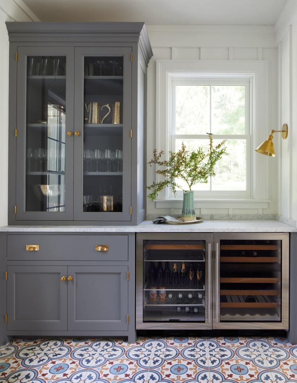 butler pantry with bold floor