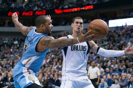 Nov 28, 2015; Dallas, TX, USA; Denver Nuggets guard Jameer Nelson (1) and Dallas Mavericks forward Dwight Powell (7) chase the loose ball during the second half at the American Airlines Center. The Mavericks defeat the Nuggets 92-81. Mandatory Credit: Jerome Miron-USA TODAY Sports