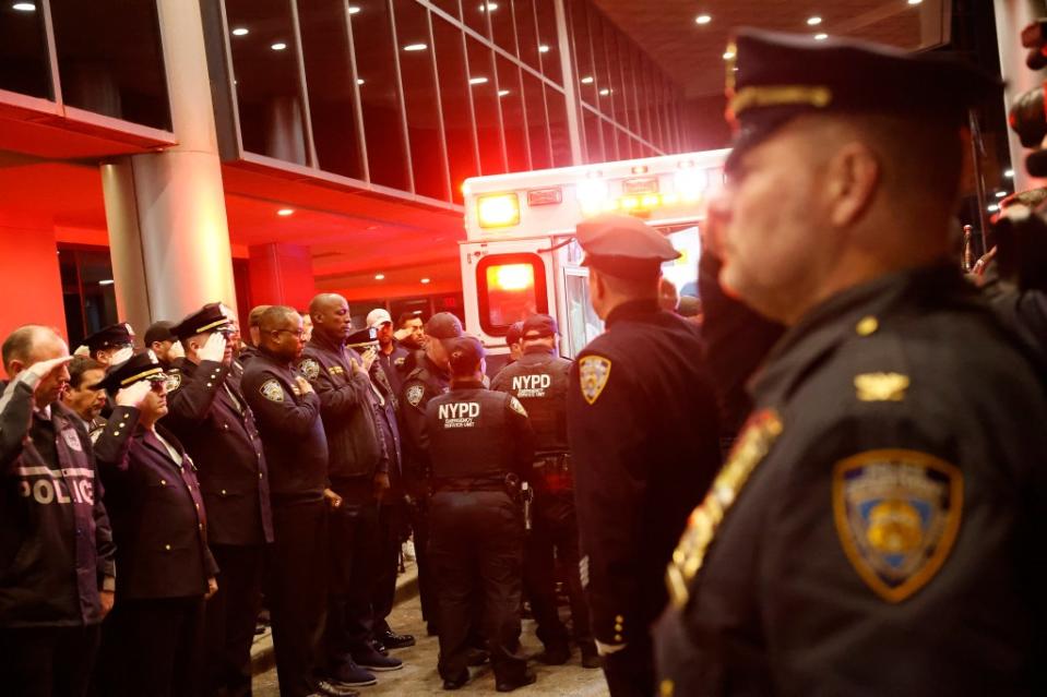 NYPD officer Jonathan Diller’s body was removed from Jamaica Hospital in Queens during a ceremony with family and NYPD officers in attendance. Kevin C. Downs for NY Post