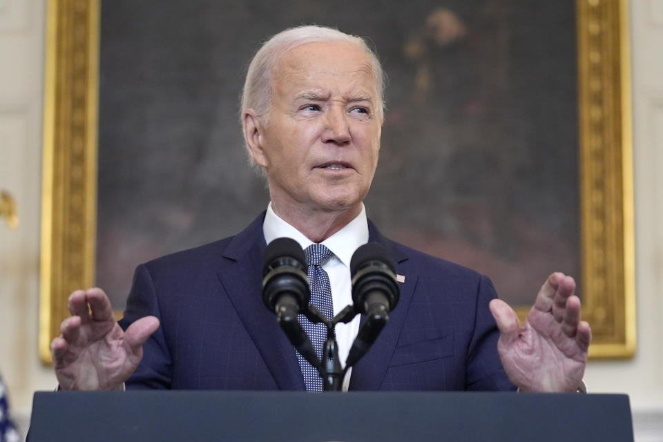 President Joe Biden delivers remarks on the verdict in former President Donald Trump's hush money trial and on the Middle East, from the State Dining Room of the White House, Friday, May 31, 2024, in Washington. (AP Photo/Evan Vucci)