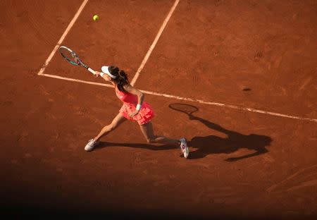 May 27, 2016; Paris, France; Agnieszka Radwanska (POL) in action during her match against Barbora Zahlavova Strycova (CZE) on day six of the 2016 French Open. Mandatory Credit: Susan Mullane-USA TODAY Sports