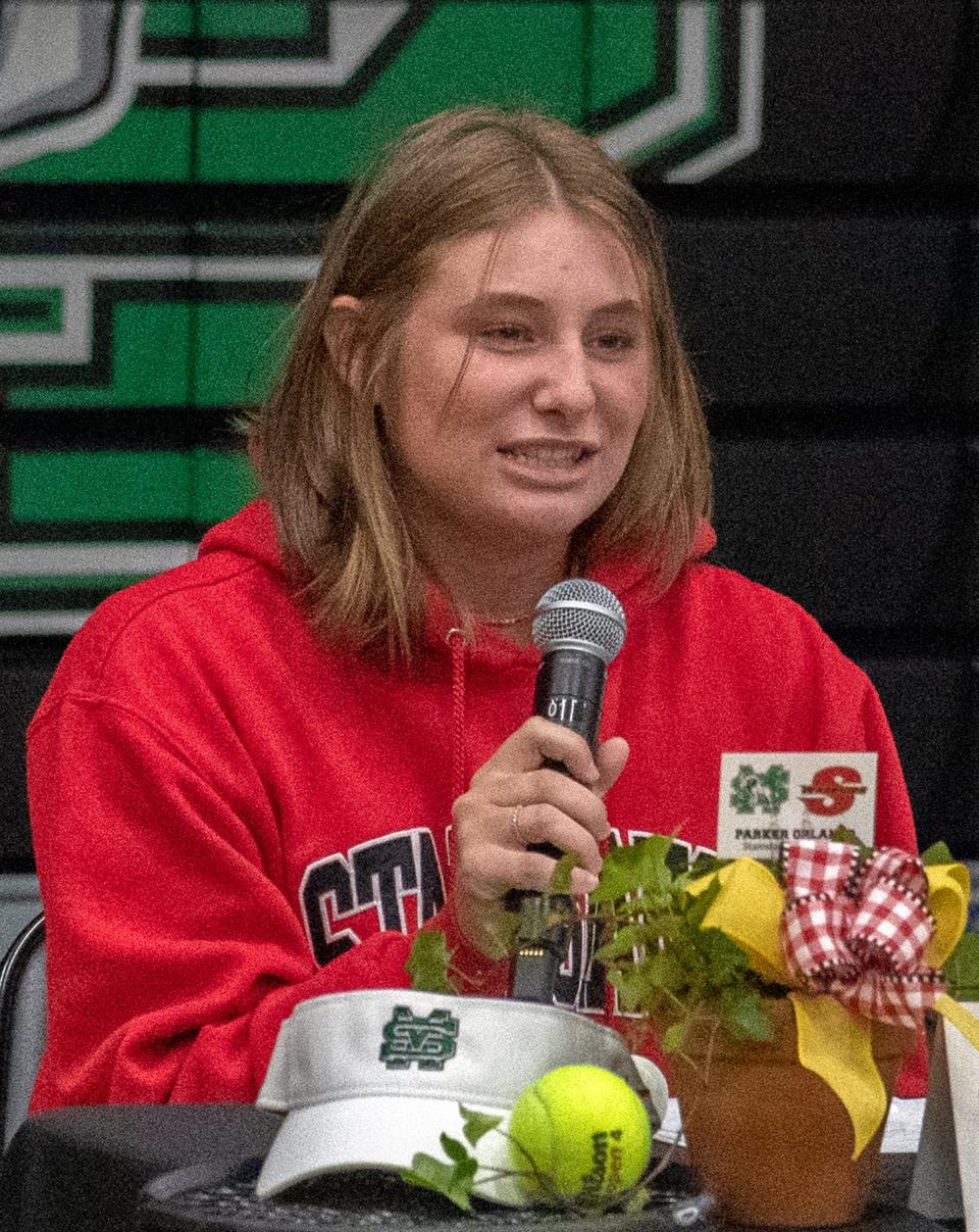 St. Mary's High School athlete Parker Orlando has signed letter of intent to play tennis for Stanislaus State during a ceremony at the school in Stockton on Apr. 17, 2024.