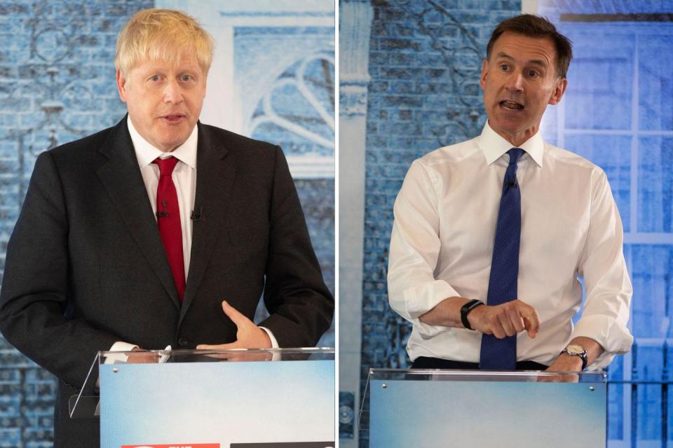 Conservative party leadership candidates Boris Johnson and Jeremy Hunt during a head-to-head debate. (PA)