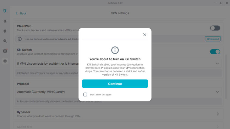 Surfshark's kill switch interface